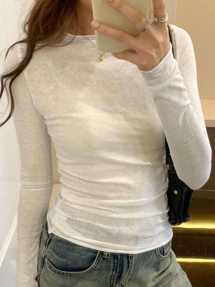 2024 Весна Осень Футболка Женские Топы Однотонные Облегающие Футболки С Длинным Рукавом O-Образным Вырезом Женская Повседневная Уличная Одежда Высокого Качества Базовые Футболки