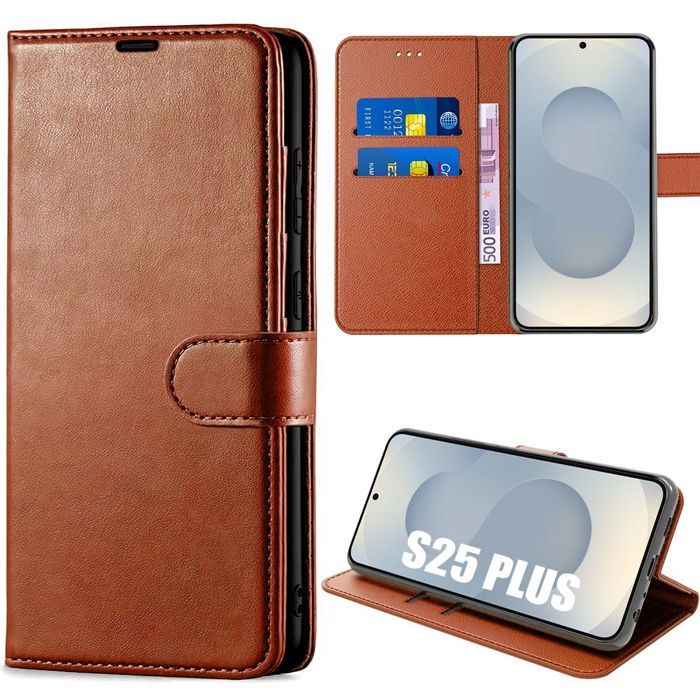 Protective Case - BOOLING - for Samsung Galaxy S25 Plus - Brown Synthetic Leather - Shockproof - Flip Case
