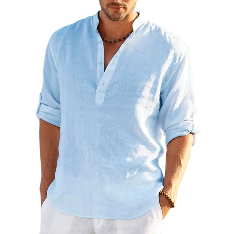 Large Size Men's Spring and Summer Buttoned Top Long Sleeve T-Shirt Solid Loose Fit Linen Shirt