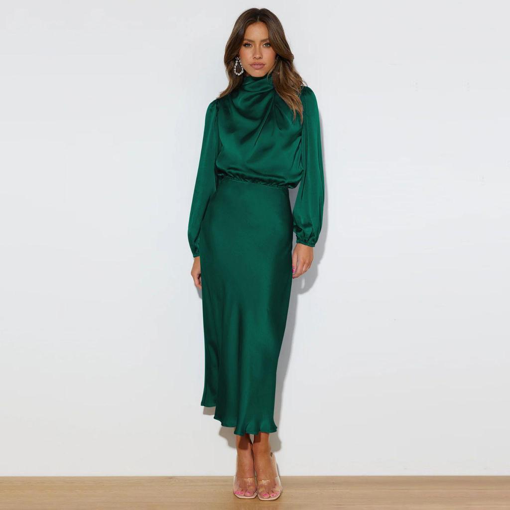 Женское весеннее вечернее платье с длинным рукавом-фонариком, элегантное длинное платье трапециевидной формы с бретелькой на шее и высокой талией, сплошной цвет