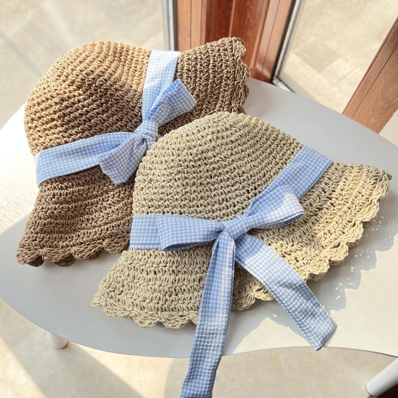 Sweet wavy brim plaid bow straw hat women's big brim straw bucket hat vacation beach visor