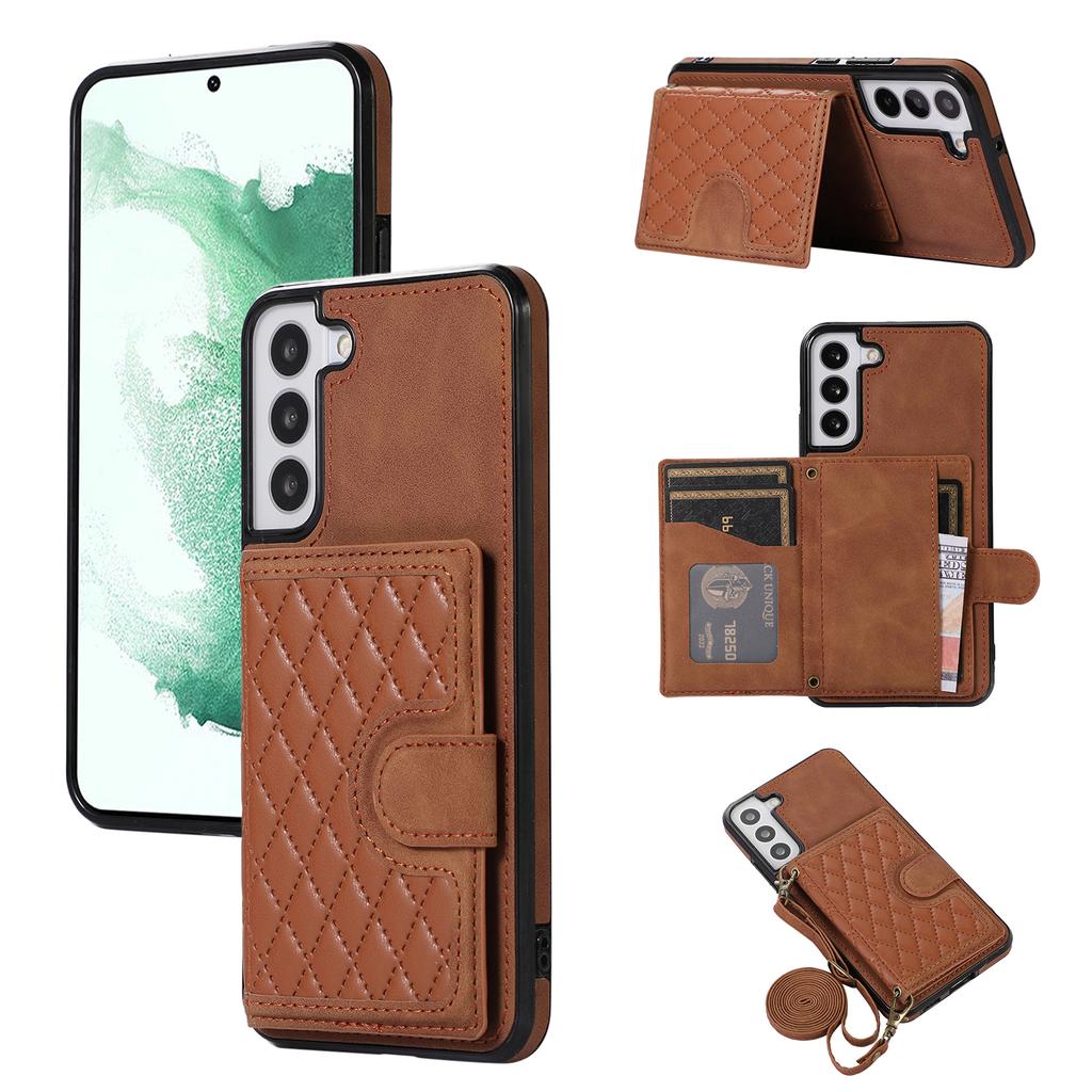 For Samsung Galaxy S21 FE 5G Kickstand Phone Case TPU+PU Leather Shoulder Phone Bag