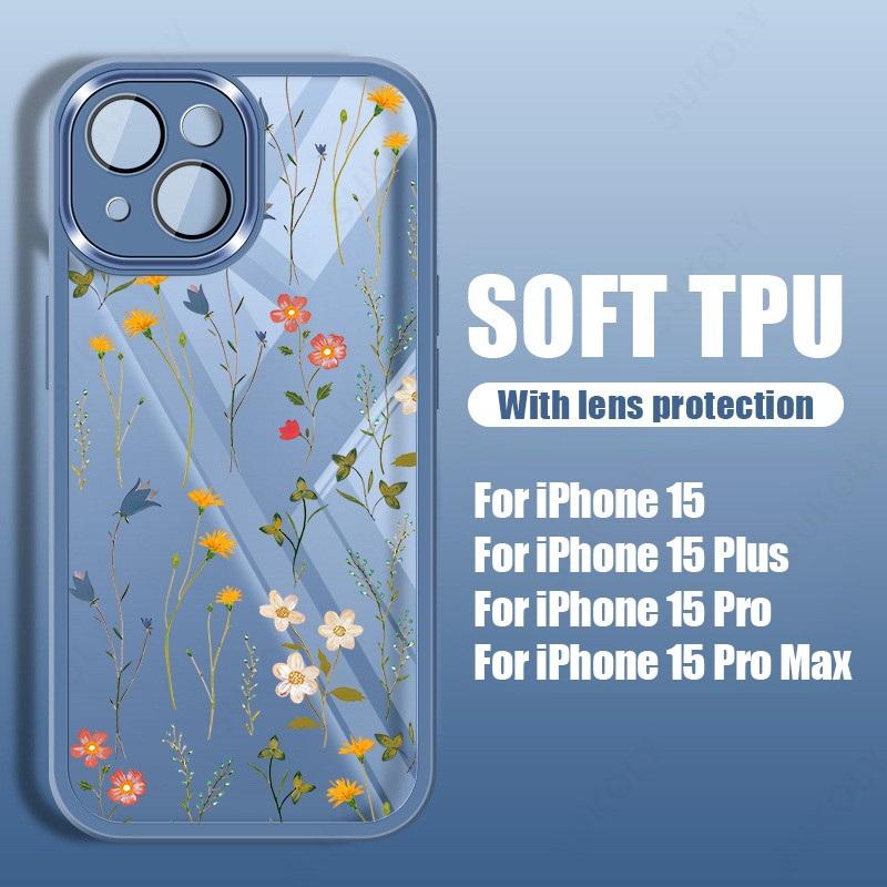 Силиконовый чехол для телефона с цветочным узором для iPhone 16 Pro 15 Pro Max 14 13 12 11, защитный противоударный прозрачный мягкий чехол из ТПУ