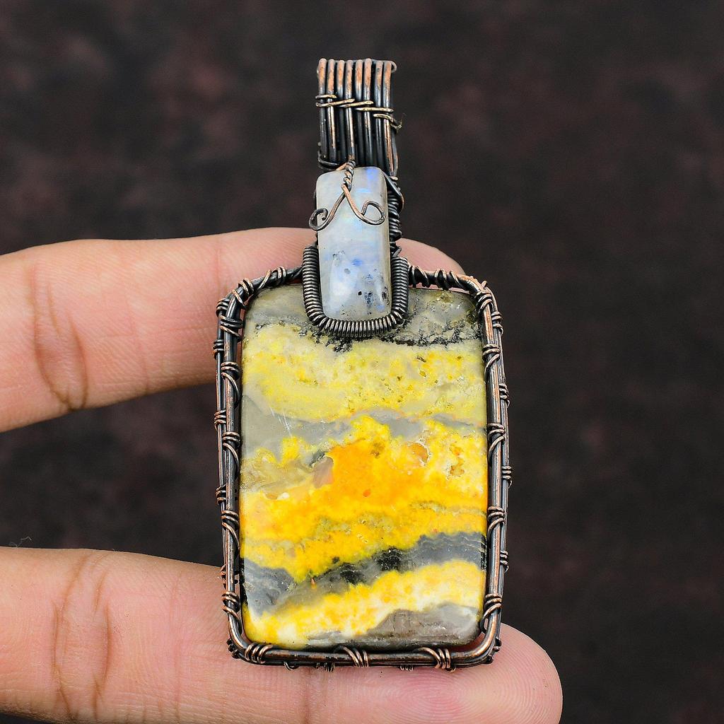 Bumble Bee Jasper Copper Wire Wrapped Pendant Rainbow Moonstone Pendant Copper Jewelry Gemstone Handmade Pendant Wire Wrapped Stone Jewelry