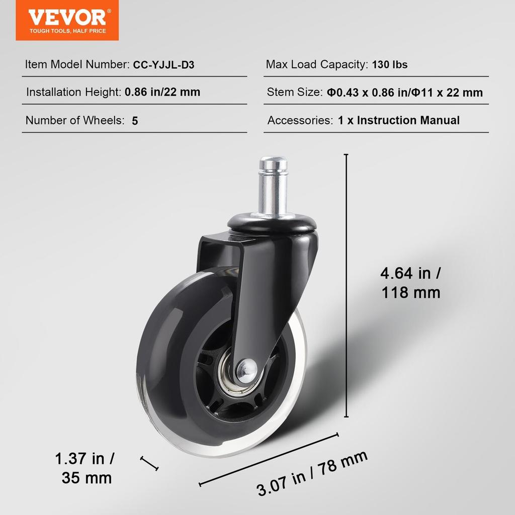 Office Chair Wheels, Set of 5, 3 inch Caster Wheels Replacement for Hardwood Floors and Carpet, Heavy Duty Computer Gaming Desk Casters with 130 lbs