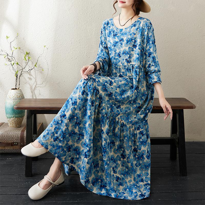 Autumn Thin Cotton Linen Fat MM Long Sleeved Loose Casual Slimming Cake Big Swing A-line Dress for Women Dresses