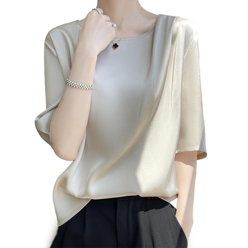 Шелковая футболка для женщин, летняя свободная футболка с круглым вырезом, короткие топы с короткими рукавами