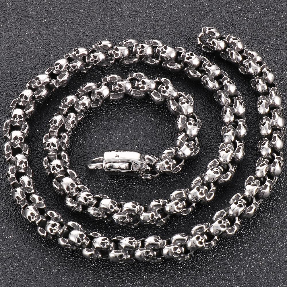 Мужское ожерелье в стиле панк-готика со всеми черепами, цепочка из цельной нержавеющей стали, скелет, ювелирные изделия, 50–70 см, длинное ожерелье, чокер для мужчин
