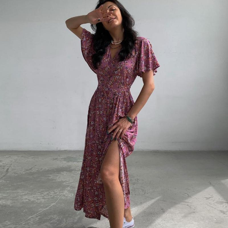Fashion Women Summer Flower Printed Dress Elegant Short Sleeve Dresses V-Neck Lace-up Sundress Short Sleeve Dress 28113