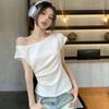 Summer New Fashion Design Sense Niche Oblique Shoulder Exposed Clavicle Pleated Women's T-shirt