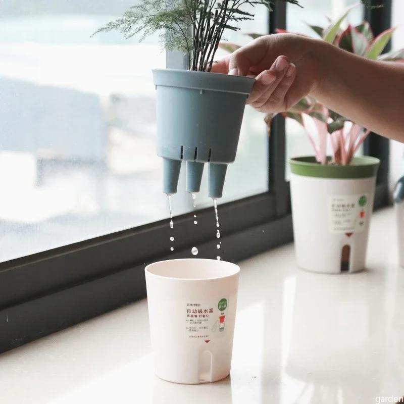 Двухслойный самополивающийся гидропонный цветочный горшок Пластиковый ленивый автоматический водопоглощающий горшок для растений Горшечные кашпо Офис Дом