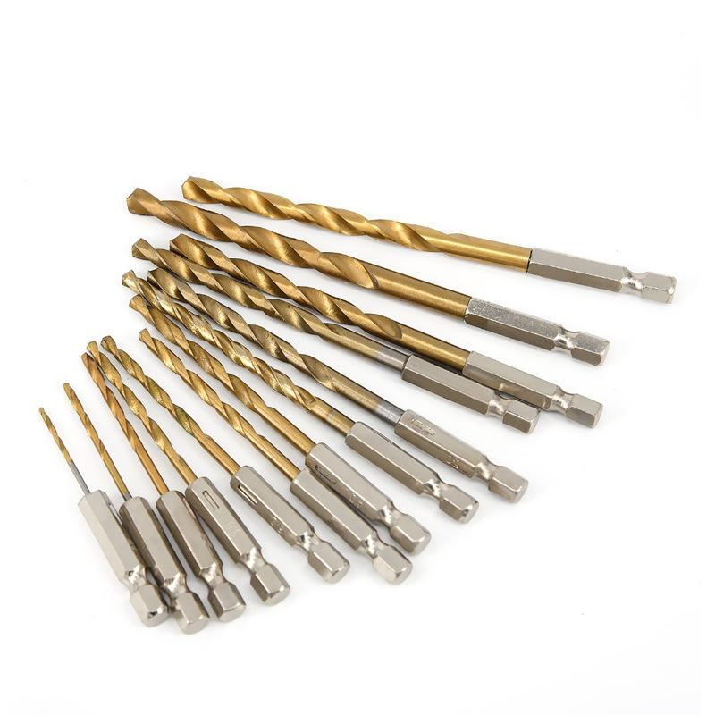 13pcs Hex Shank HSS Titanium Coated Twist Drill Bit Set For Wood, Plastic And Metal