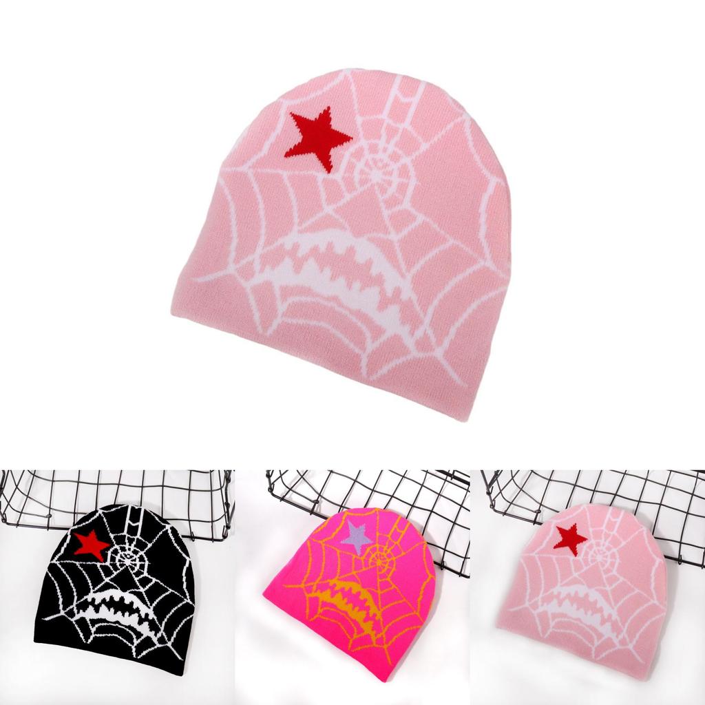 Gothic Style Knit Cap Featuring Spider Web Design For Casual Wear