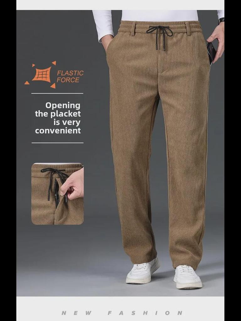 Вельветовые мужские брюки-стрейч с высокой талией: Плотные, свободные, прямые брюки на осень/зиму