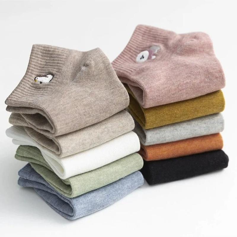 10 пар женских хлопковых носков с вышивкой животных, милые мультяшные узоры, мягкие, удобные, влагоотводящие, дышащие, повседневные носки