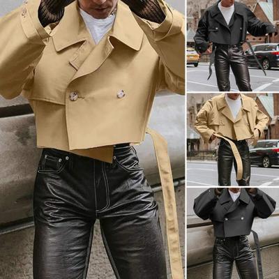 Укороченная ветровка с лацканами в стиле ретро, однобортная однотонная ветровка с длинным рукавом и поясом