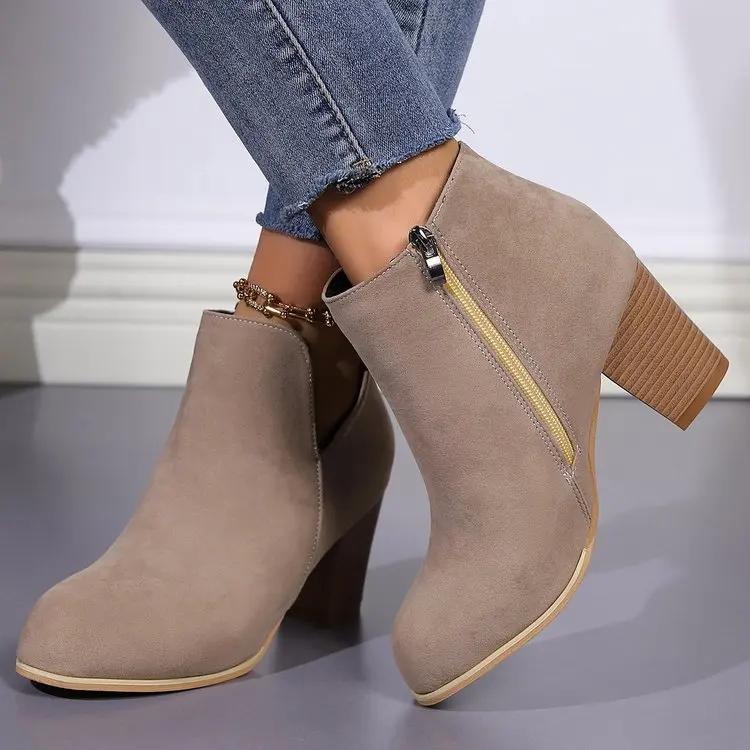 Women'S Fashion Ankle Boots Chunky High Heels Boots Female New Trendy Autumn Winter Outdoor Mid-Heel Side Zipper Booties Mujer