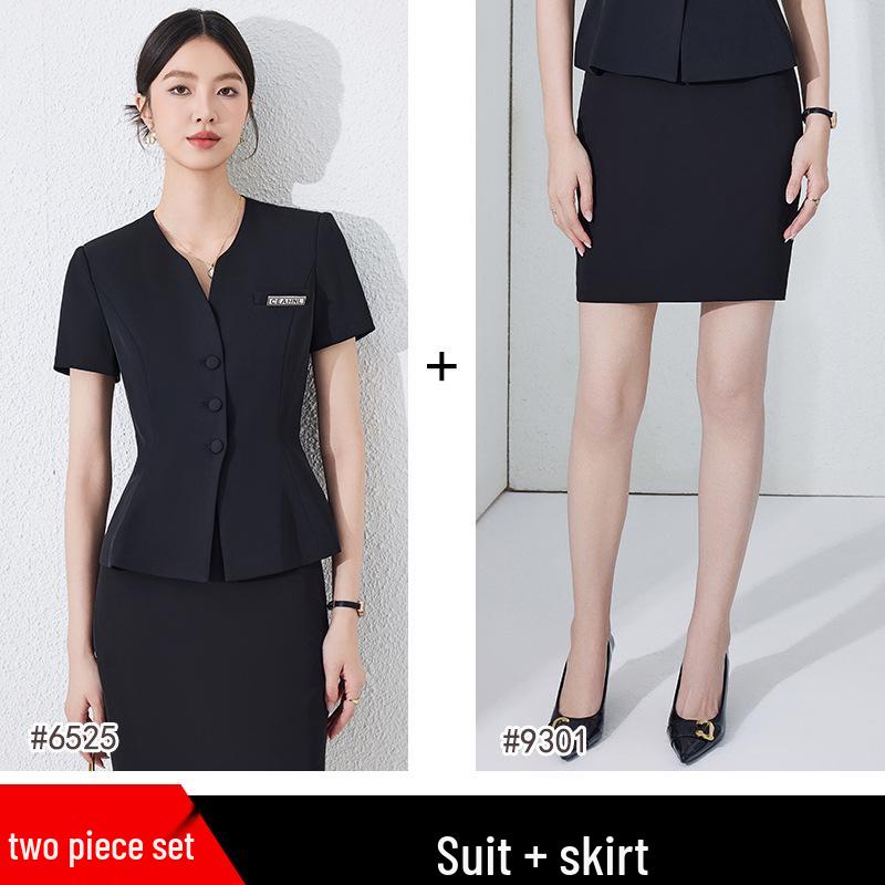 Женский темно-синий костюм с коротким рукавом - Летняя профессиональная одежда для стойки регистрации в отеле и ювелирном магазине.