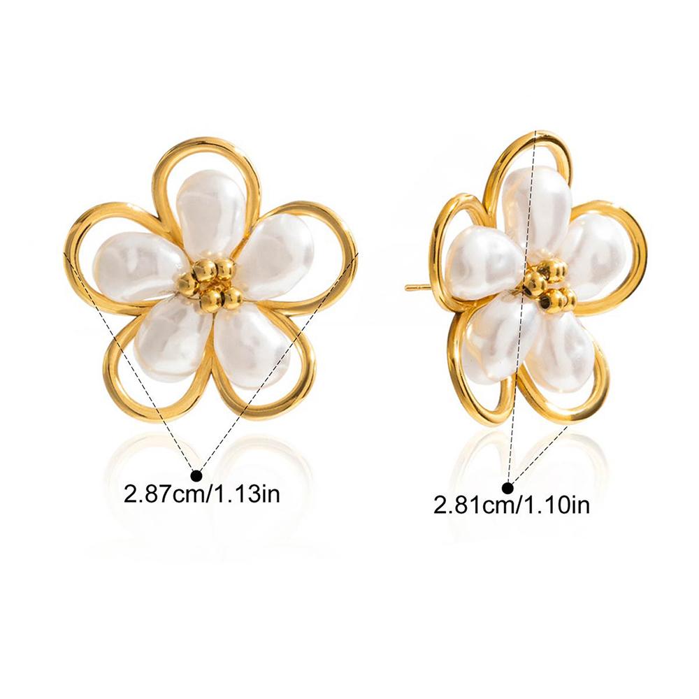 Trendy Gold Color Metal Pearl Flower Stud Earrings for Women Girl Stainless Steel Elegant Statement Daily Wear Zircon Bijoux