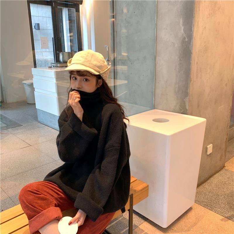 Зимний толстый свитер с высоким воротником, женский свободный пуловер, однотонный вязаный свитер с разрезом