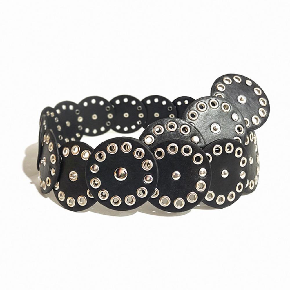 Retro Rivet Wide Belt Y2k Concho Waistband Fashion Disc PU Hollow Belt Girls