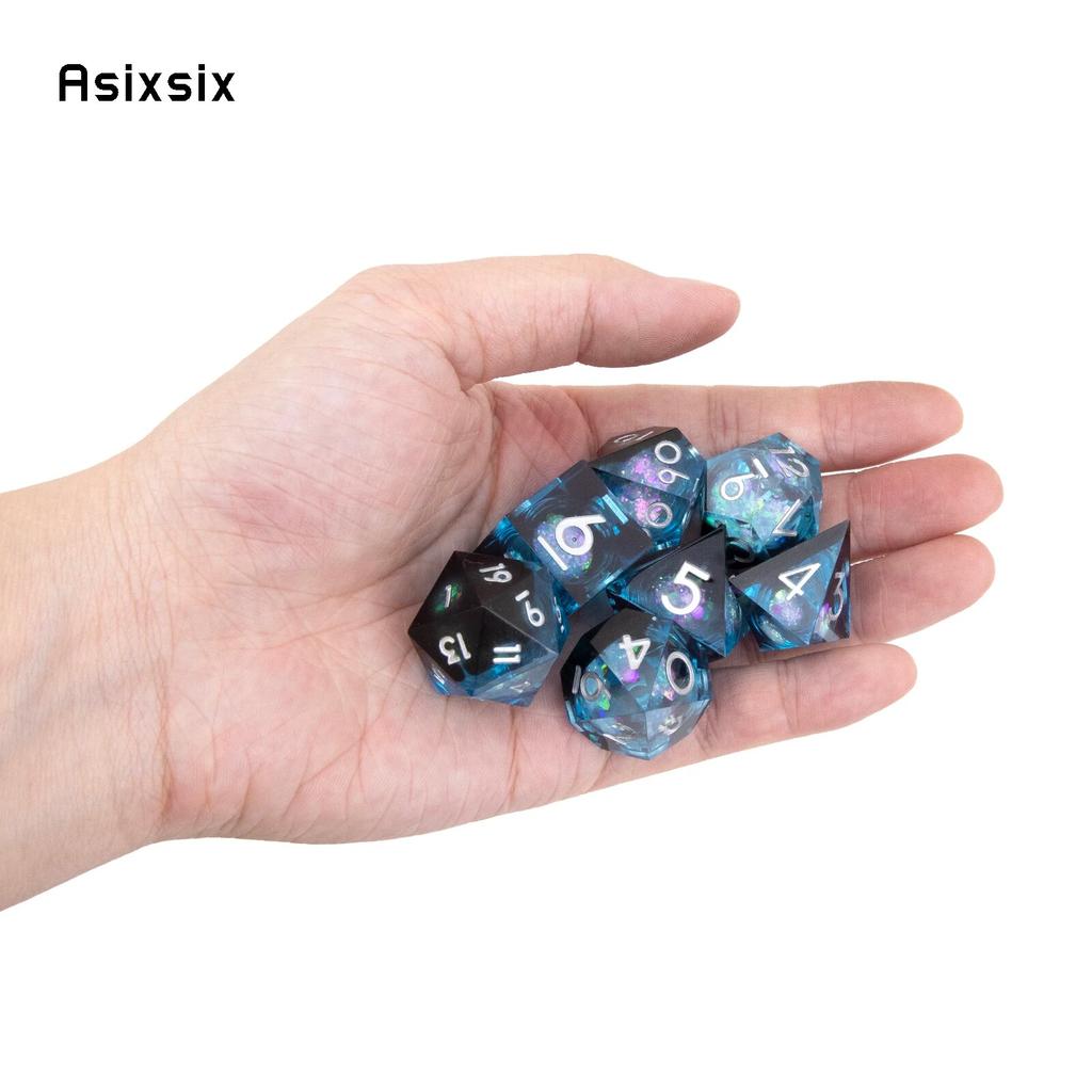 7 Pcs Blue Flowing Sand White Number Sharp Edge Resin Dice Polyhedral Dice Suitable for Role-Playing RPG Board Game