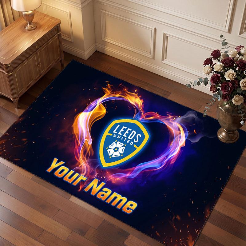 Leeds United Custom Crystal Velvet Rug, Personalized Name Text Print, Football Logo Soft Non‑Slip Floor Mat Home Decor Gift