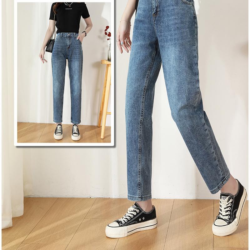 Женские весенне-осенние повседневные брюки большого размера с высокой талией, свободные прямые джинсы, джинсовые укороченные брюки