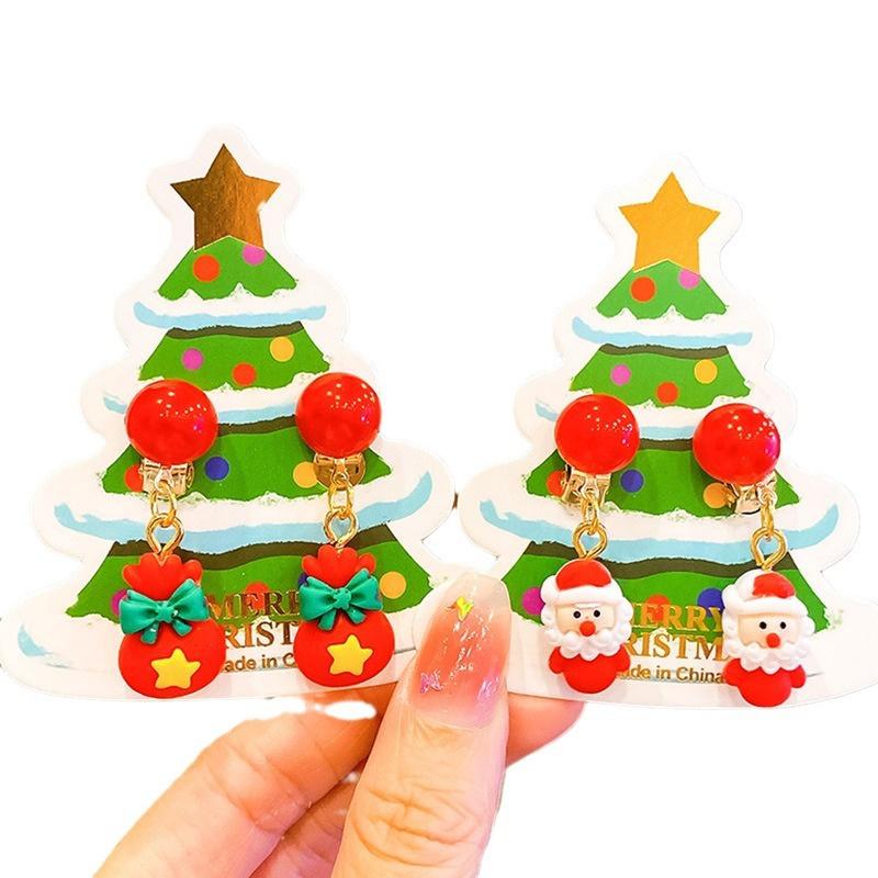 Рождественские детские серьги-клипсы без пирсинга, милые серьги с бахромой в виде оленя из мультфильма «Санта», серьги-подвески для девочек