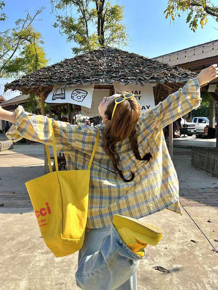 Женская американская ретро желтая клетчатая рубашка с длинным рукавом и защитой от солнца - осенняя тонкая блузка свободного кроя