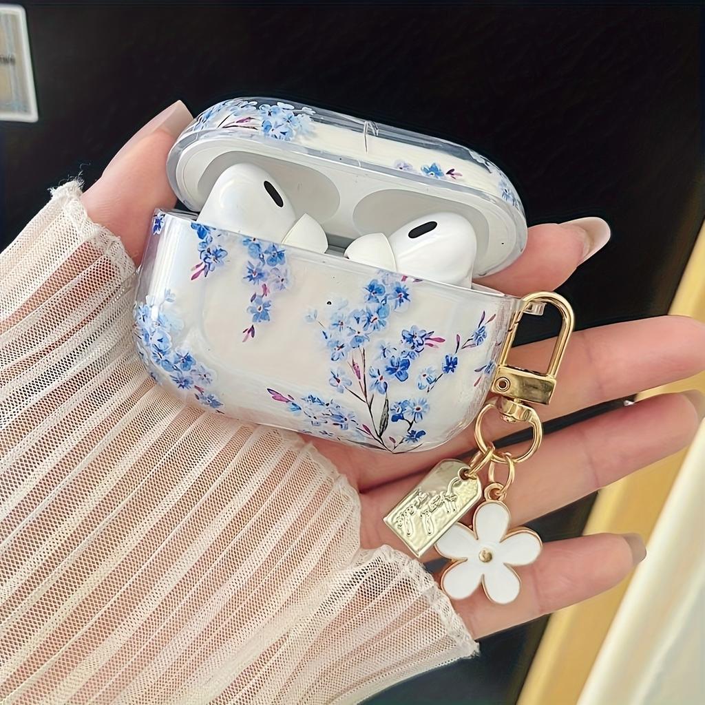 Эстетичный прозрачный чехол для наушников AirPods Pro3/Pro2/Pro с синим цветочным узором, чехол-крышка для AirPods 4/3/1/2, защитный корпус