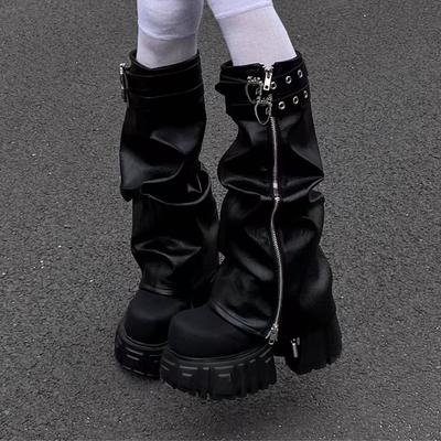 Модная платформа Женские ботфорты на плоской подошве Высокий каблук Дизайнерская обувь Платье Мода Зимние туфли-лодочки 2025 Новые Готические Мотоциклетные Ботас Мухер