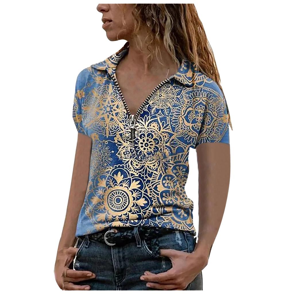 Summer Women's Loose V-neck T-shirt Printed Zipper Short-Sleeved