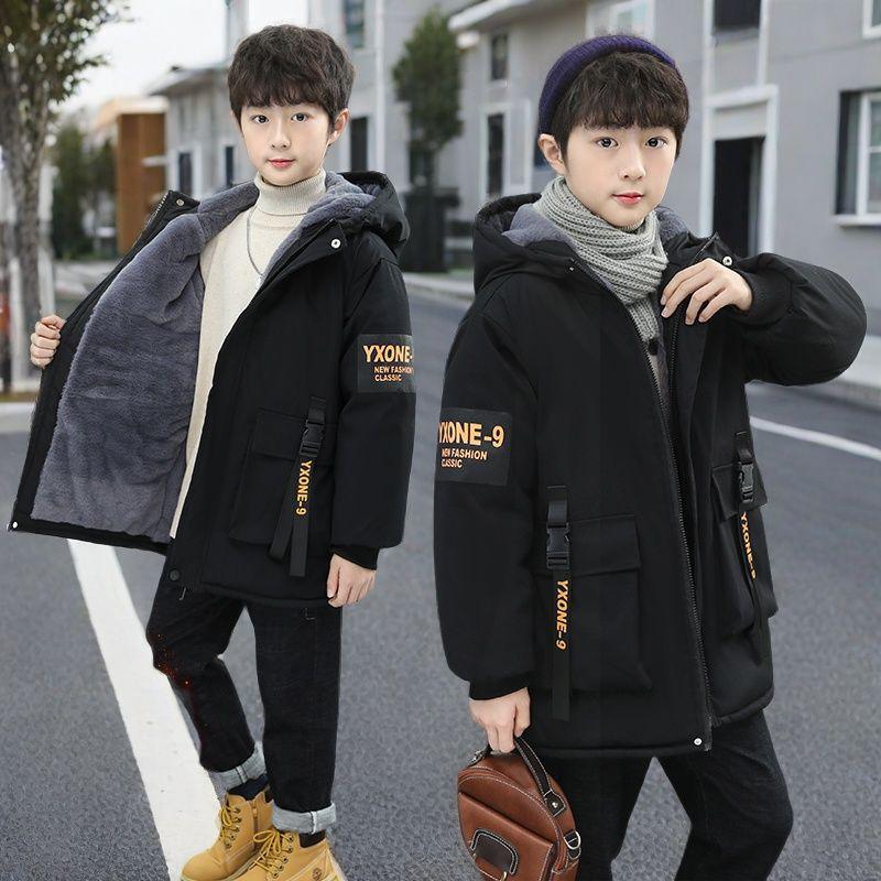 Мальчики осень и зима стеганая и утолщенная свободная теплая куртка в длинной верхней одежде с капюшоном