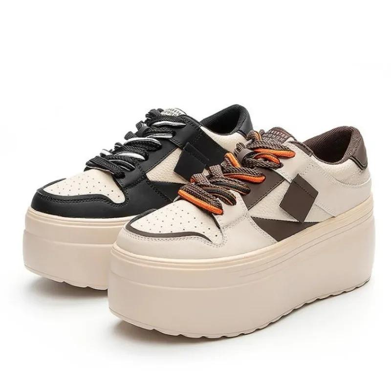 Fashion 8cm Casual Platform Wedge Hiden Heel Genuine Leather Shoes Chunky Sneakers Vulcanized Women Spring Autumn Loafers Mixed Color