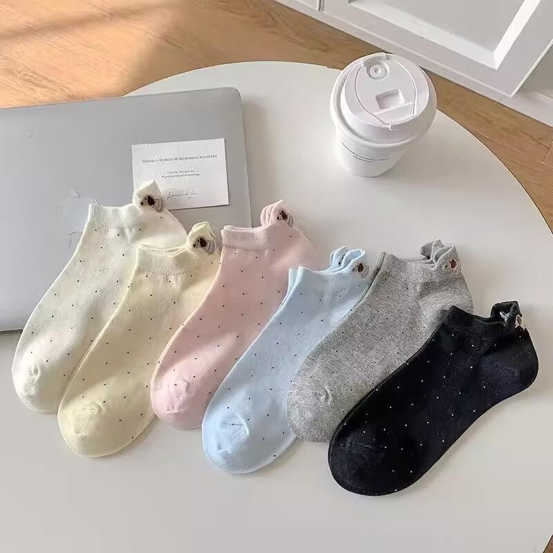 5 Pairs Summer Women'S Low-Cut Socks with Cute Dog Ears | Anti-Odor, Versatile, Thin, Polka Dot Pattern, Machine Washable