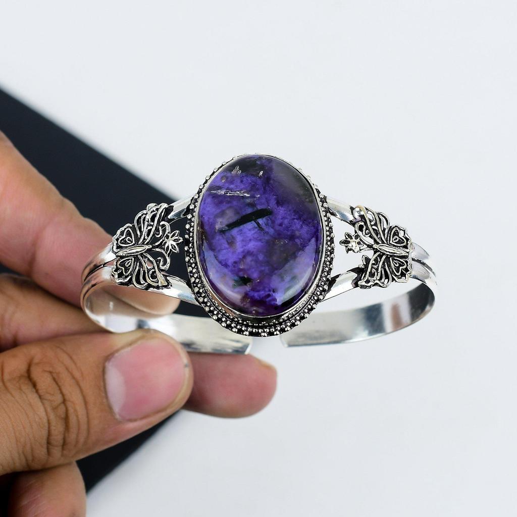Natural Charoite Gemstone Handmade 925 Sterling Silver Cuff Bangle, Charoite Bangle,For Wife, Unisex Bangle, Gifts For Engagement