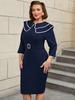 Vintage Navy Blue Bodycon Midi Dress with Contrast Trim Lapel Collar and Belt Elegant Plus Size Party Dresses for Women Formal Office Wear