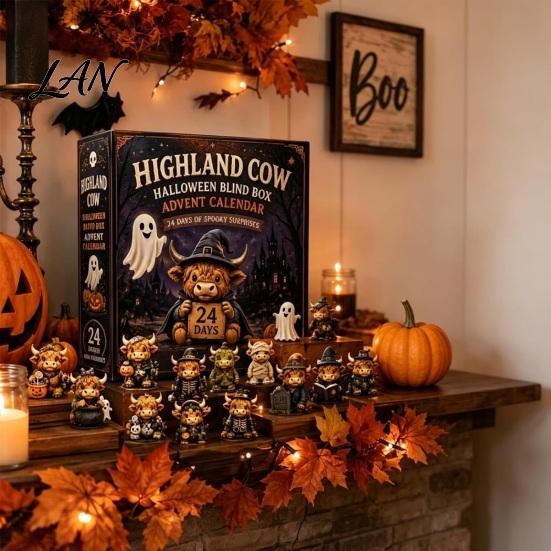 Halloween Ornament Gift Box Highland Cow Advent Calendar, 24 Days Countdown Calendar with Collectible Figures Acrylic Ornaments, Gifts for Kids,