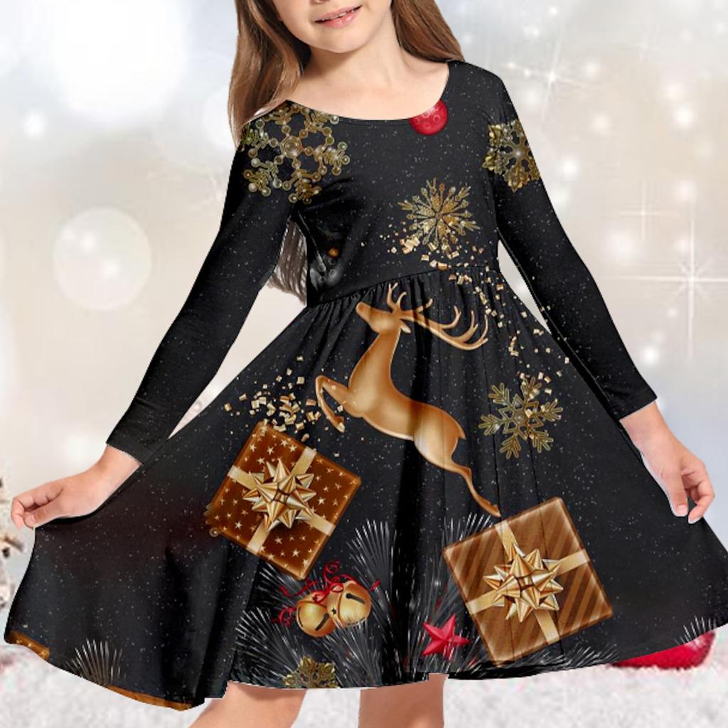 Осеннее повседневное платье с 3D рождественским принтом лося для девочек и круглым вырезом с длинными рукавами, детское платье принцессы