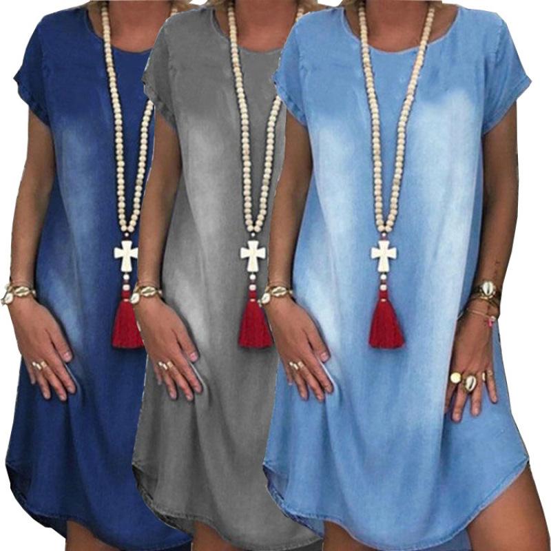 Женское джинсовое платье с потертостями - платье миди свободного кроя с круглым вырезом и короткими рукавами, повседневное мини-платье в стиле ретро для лета, идеально подходит для пляжа или повседневной носки