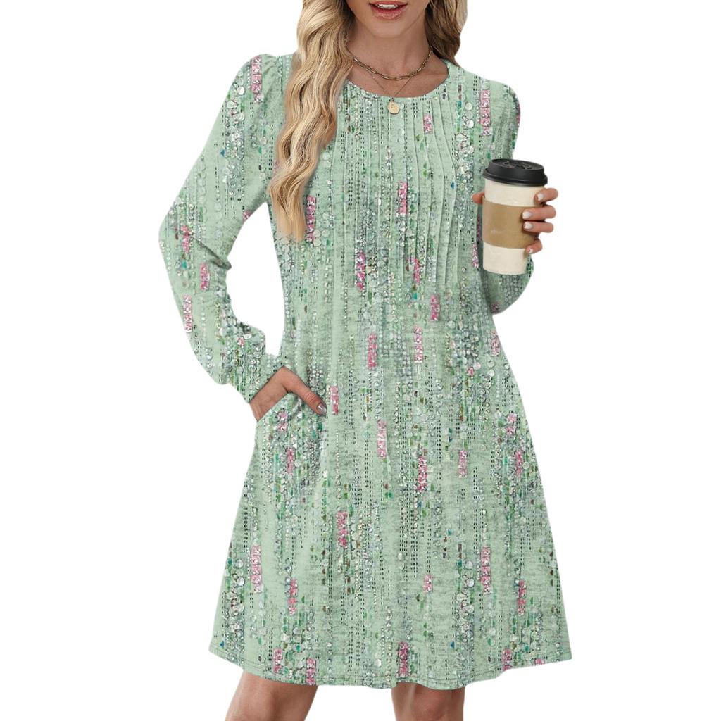 Женское повседневное платье с длинным рукавом, плиссировкой, круглым вырезом, цветочным принтом и карманами