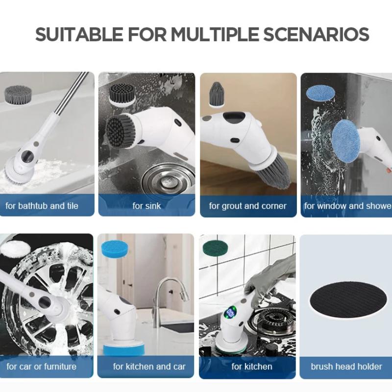 New Electric Cleaning Brush Bathroom Kitchen Brush Cleaning 8-in-1 Multifunctional With LED NightLight Rotatable Household Brush