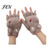 Convertible Mittens for Women Furry Cat Paw Thermal Gloves, Flip Top Mitten with Button Women, Winter School Writing Gloves Plush Half Finger