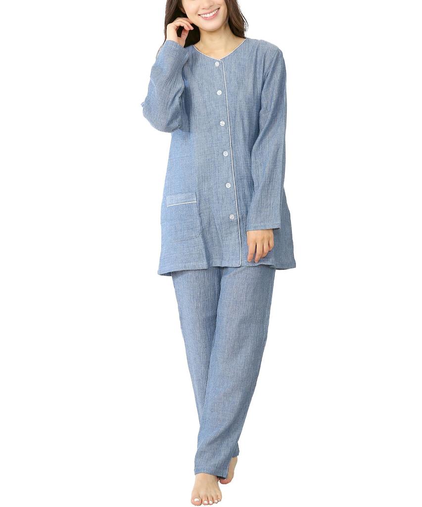 ON NISHIKI Long Sleeve Top and Bottom Double Long Long Loungewear Women's Pajamas, 100% Cotton, Front-Opening, Set, Spring/Autumn, Gauze,