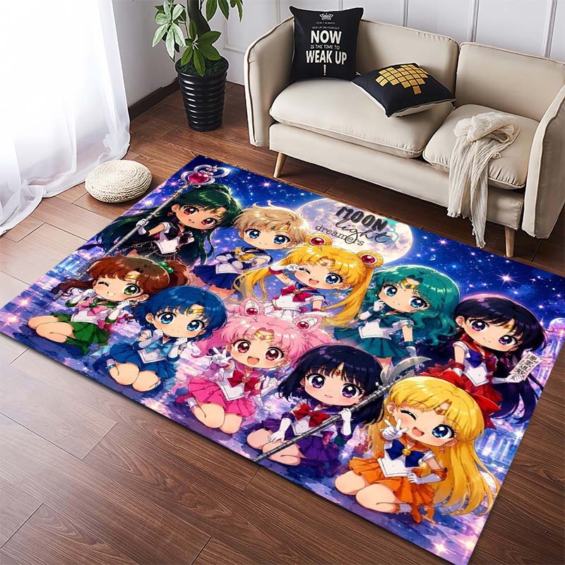 Anime Sailor Moon Stars Group Area Rug, Colorful Magical Girl Non Slip Floor Carpet
