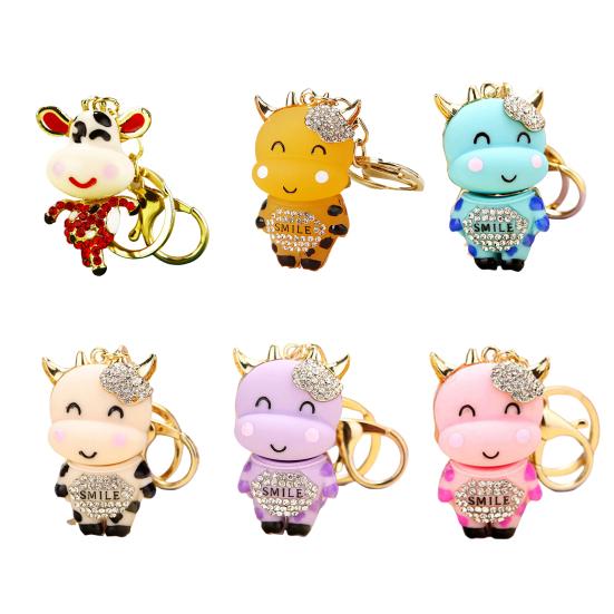 Брелок Инкрустированный Сверкающими Стразами Дизайн Коровы Цепочка для Ключей Декоративный Брелок на Удачу Аксессуар для Сумок Кошельков Машин