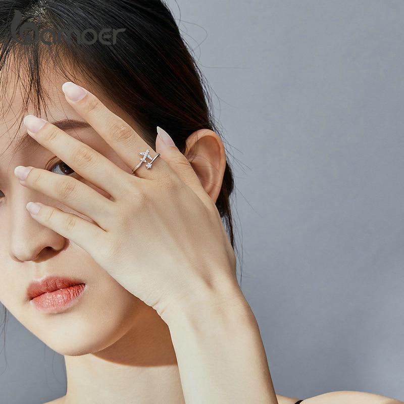 Bamoer из стерлингового серебра 925 пробы, летающий самолет, открытые кольца на палец для женщин, прозрачное регулируемое кольцо с CZ