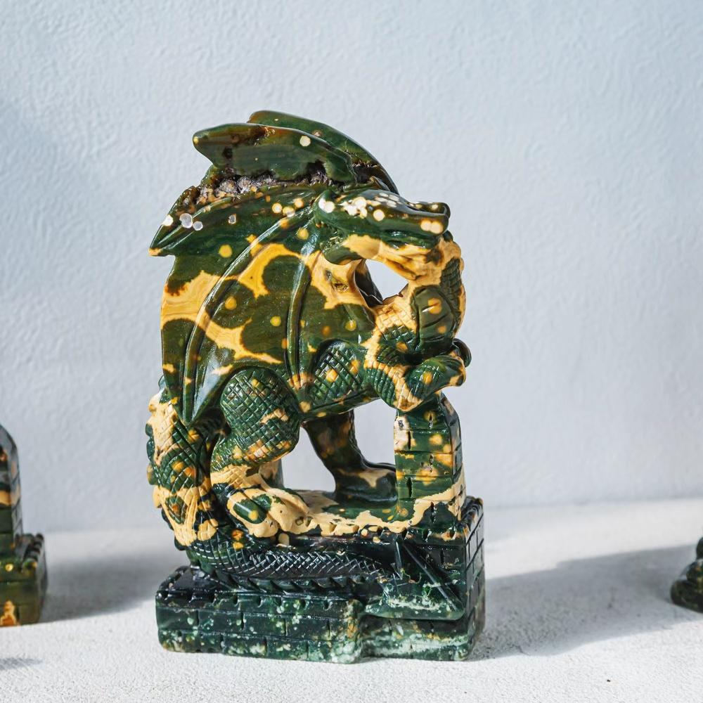 Natural Bubble Ocean Jasper Custom Dragon Carving Piece Specially Designed Healing Gemstone Dragon for Collectors