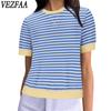 VEZFAA Женские модные повседневные летние весенние блузки и рубашки с круглым вырезом и короткими рукавами с полосатым принтом